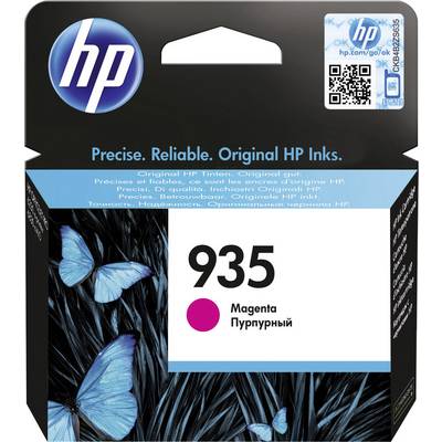 Verpakking voor HP-inktpatroon 935 in Magenta met vlindermotief. Tekst: 'Precies. Betrouwbaar. Originele HP-inkten.'
