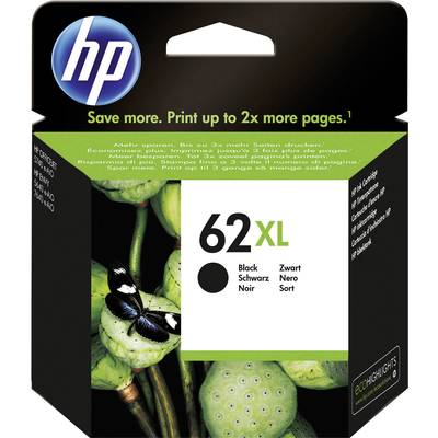 HP Inktcartridge 62XL in Zwart. Verpakking met afbeelding van lotusbloemenen vlinder. Opmerking: 'Tot 2x meer pagina's printen'.