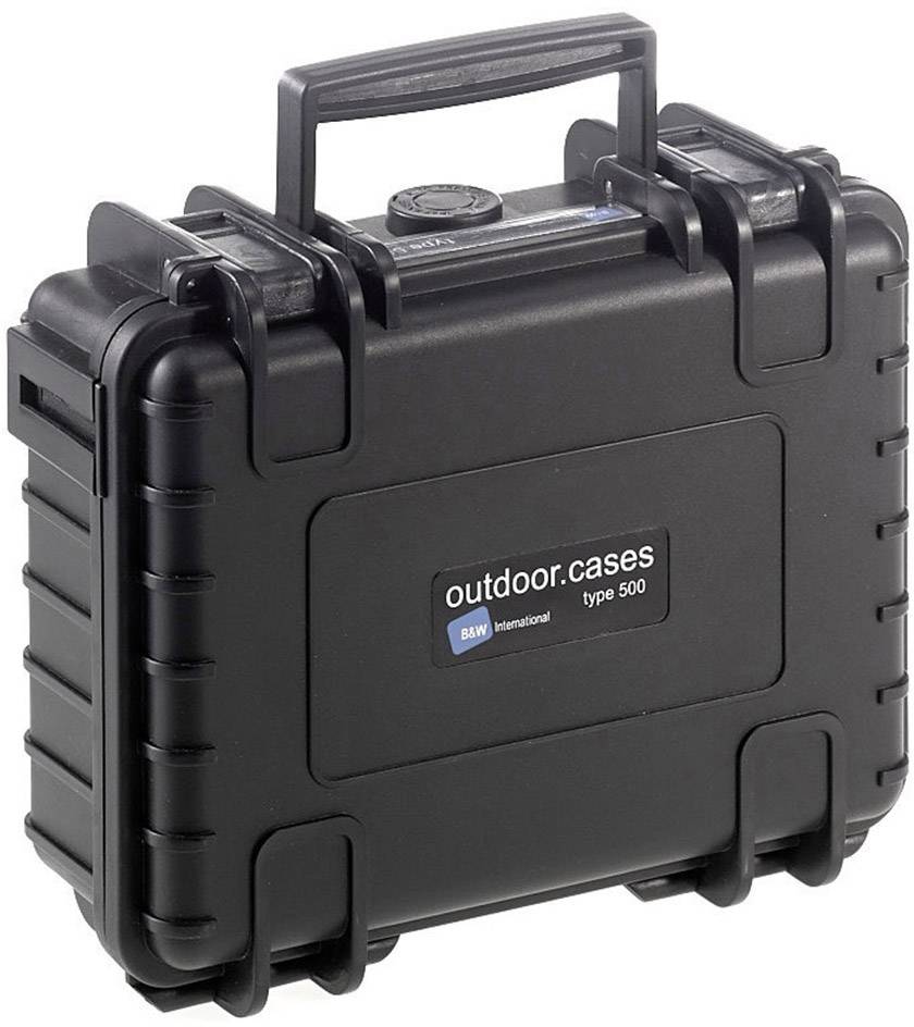 Zwarte, robuuste buitenkoffer van het merk B&W International, model 'outdoor.cases type 500', voorzien van handgreep en sluitingen.
