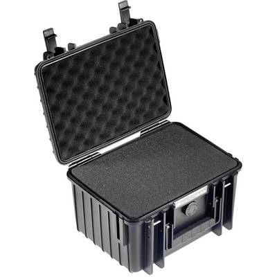 Zwarte, geopende hardcase koffer met schuimstof binnenvoering, geschikt voor het veilig transporteren van kwetsbare voorwerpen.