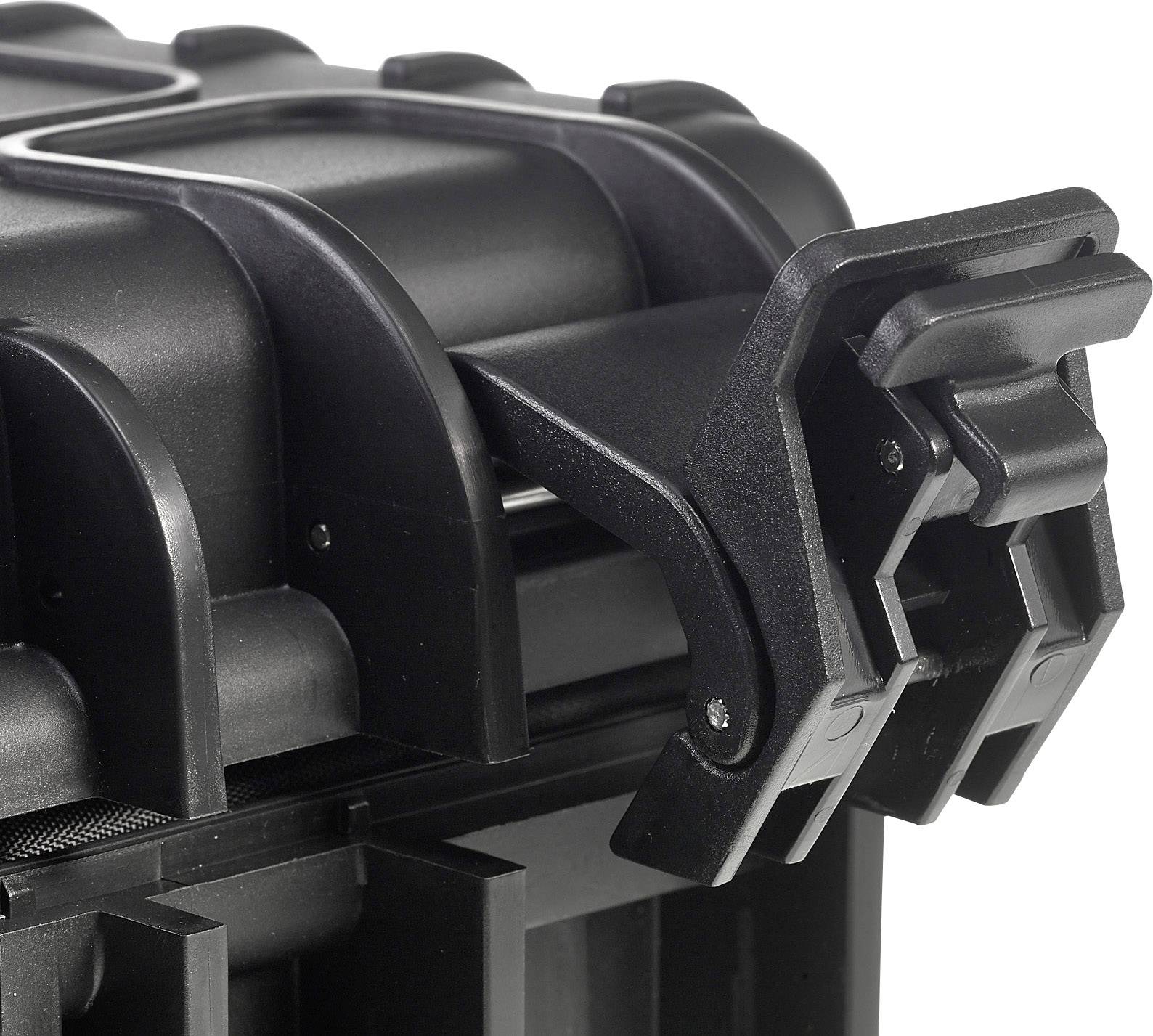 Zwarte kunststof koffer met stevig slot. Ideaal voor het veilig vervoeren van kwetsbare voorwerpen.