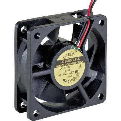 'Zwarte, vierkante computerventilator van ADDA met geel etiket aan de achterkant, toont technische specificaties.'