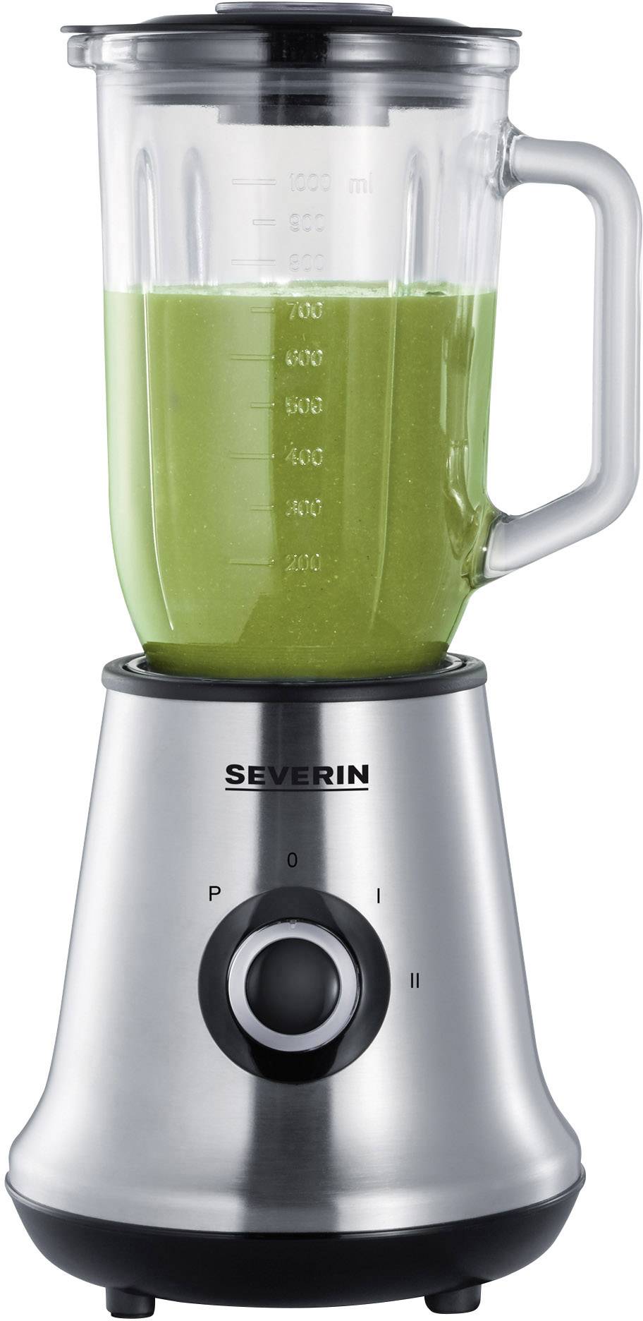 Roestvrijstalen staafmixer met glazen kan, gevuld met groene smoothie. Draaiknop aan de voorkant met '0', 'I', 'II' voor snelheidsniveaus.