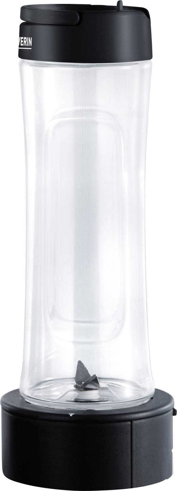 Een transparante blenderopzetstuk met een zwarte deksel en zwarte voet. Bevat een klein messenpaartje aan de onderkant.