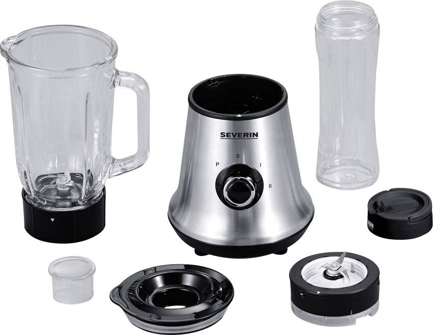 Een mixerset met verschillende opzetstukken en containers, waaronder een glazen kan, een roestvrij stalen motor, een drinkfles en deksels.