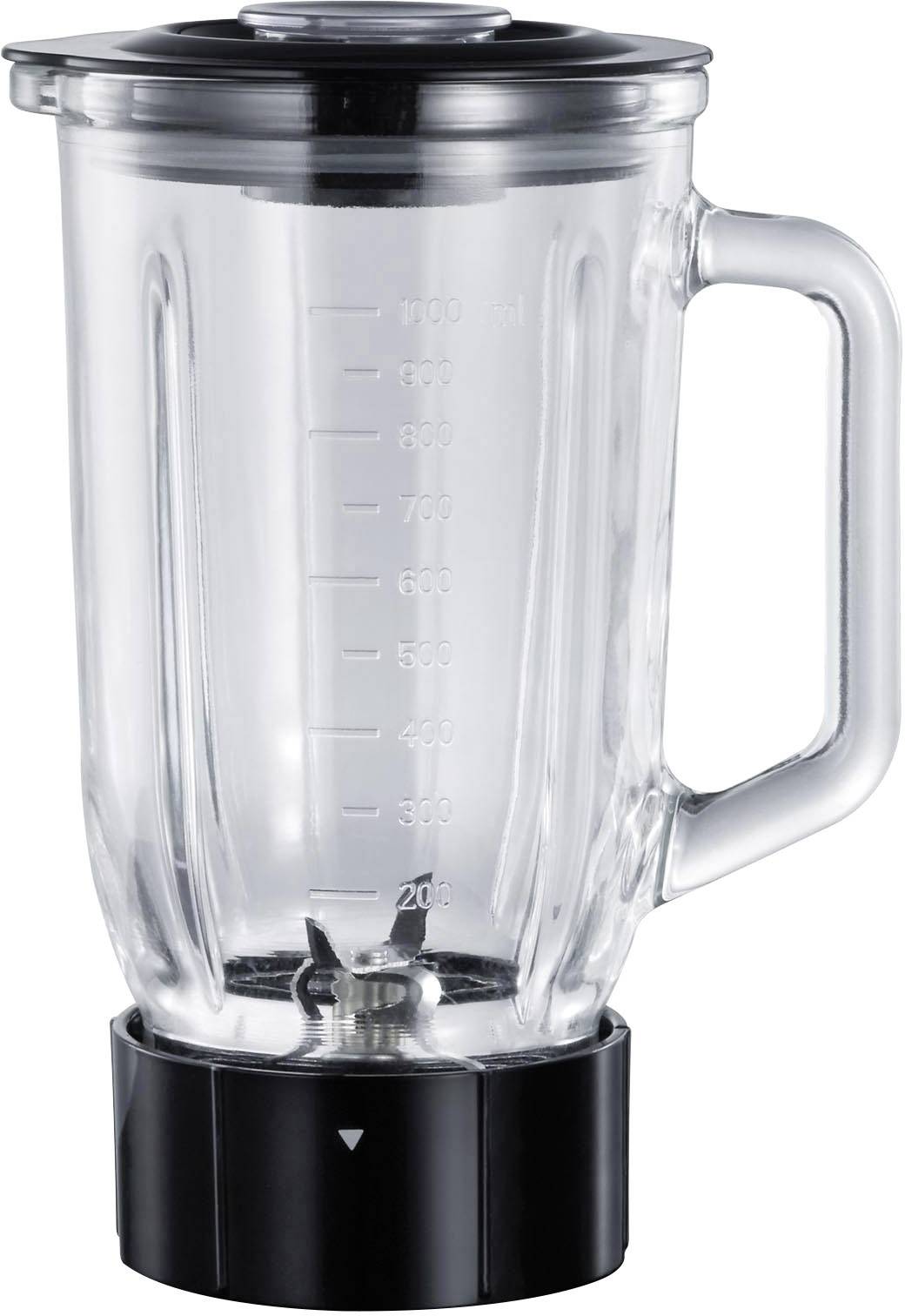 Een transparante mengbeker met schaalverdeling, grote handgreep en zwarte bodem, staat leeg.