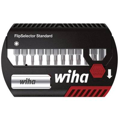 Wiha FlipSelector Standaard met verschillende bit-opzetstukken, compact in een zwarte kunststof behuizing.