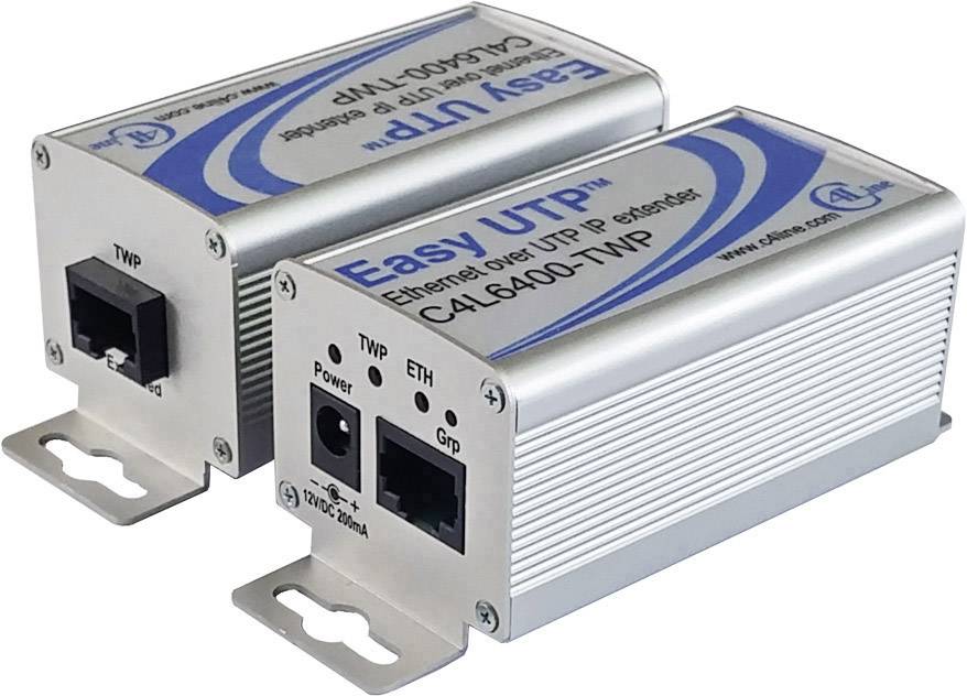 Twee zilveren Ethernet-over-UTP-extenders met blauwe 'Easy UTP' markering en aansluitingen voor stroom en Ethernet op een wit oppervlak.