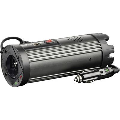 Zwart-zilveren cilindrische apparaat met USB-poort, tuimelschakelaar en sigarettenaanstekerplug. Gebruikt voor mobiele stroomvoorziening.