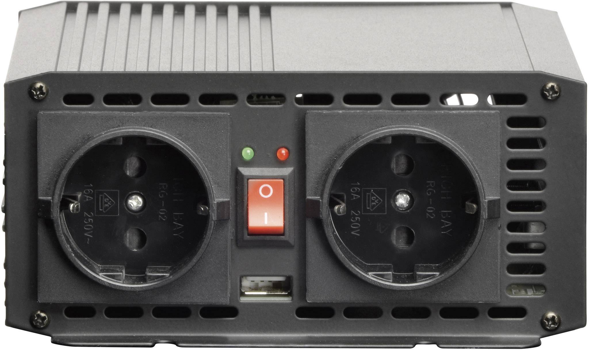 Een zwarte spanningsomvormer met twee stopcontacten, een USB-poort en een tuimelschakelaar met rode en groene LED-indicatoren aan de voorzijde.
