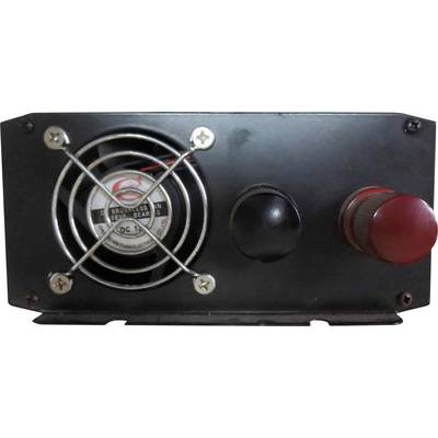 Een ventilator met beschermrooster, naast twee draaiknoppen, ingebouwd in een metalen plaat.