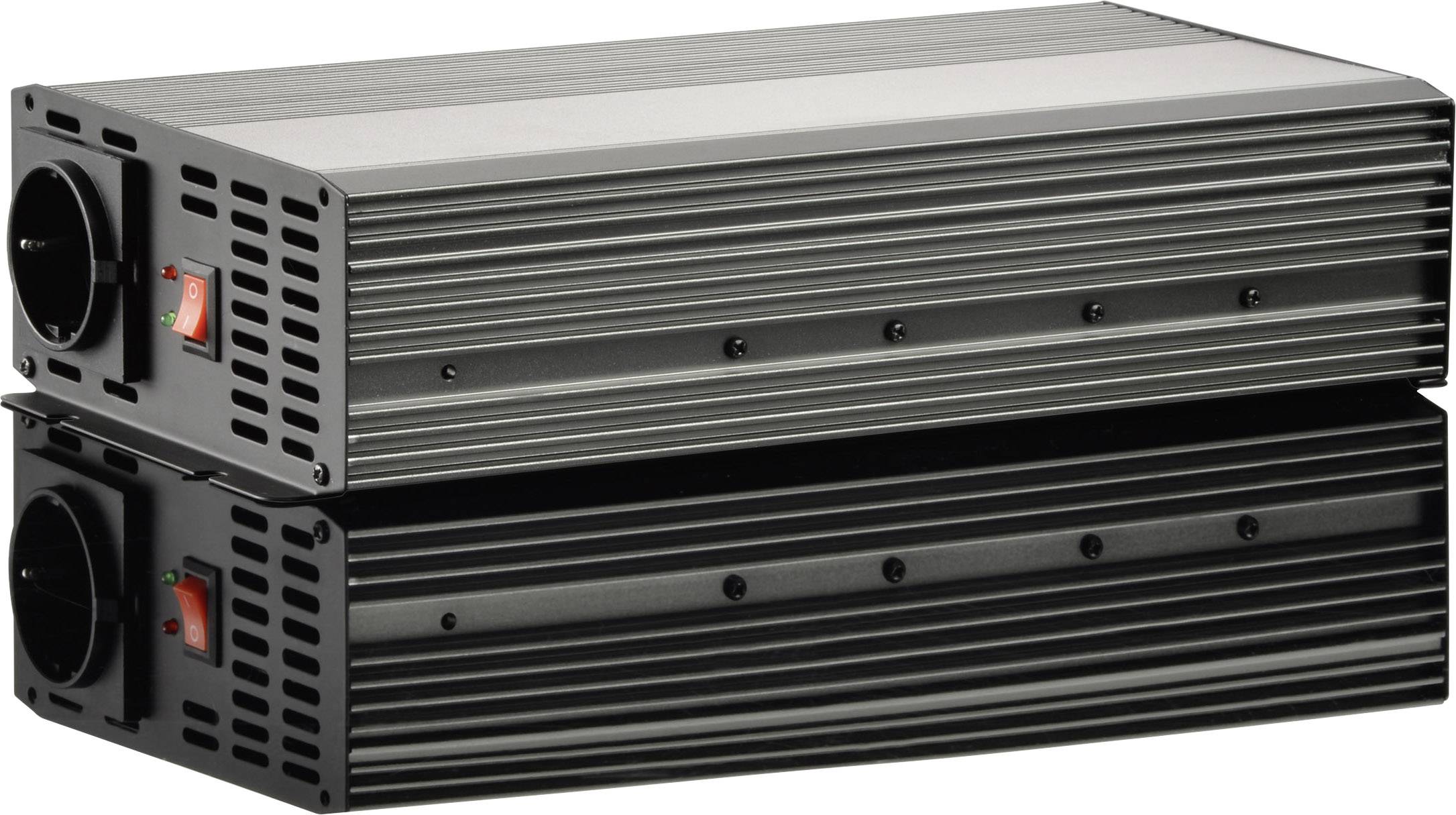 Twee zwarte stroomomvormers met ventilatiesleuven en rode schakelaars, gestapeld op elkaar.
