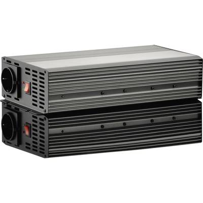 Twee zwarte stroomomvormers met ventilatiesleuven en rode schakelaars, gestapeld op elkaar.