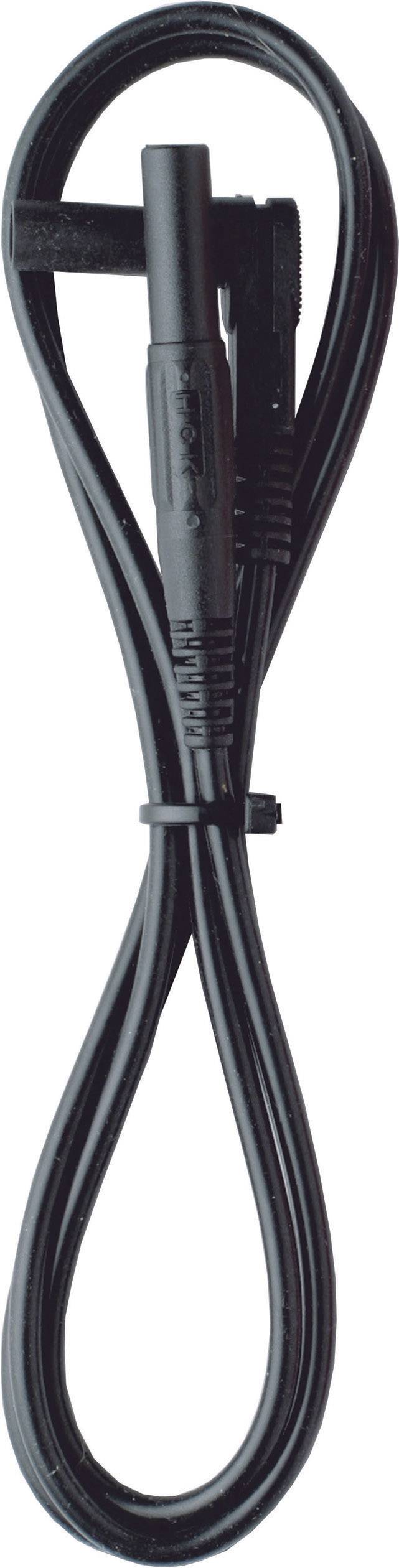 Een zwarte kabel met aansluitingen aan beide uiteinden, opgerold en vastgemaakt met een kabelbinder.