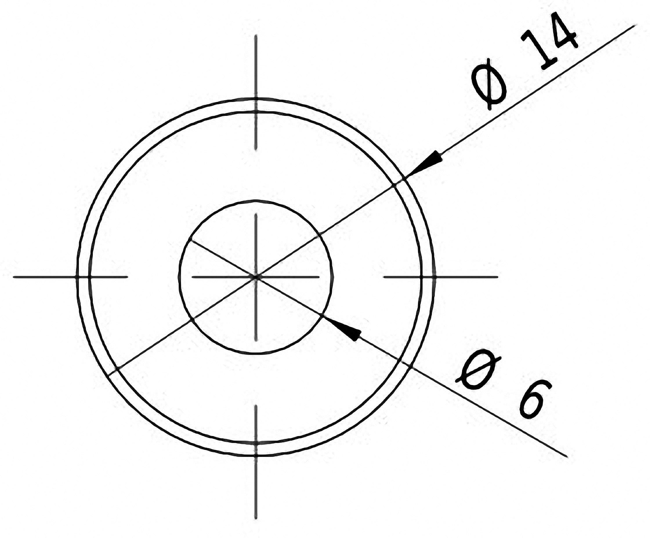 Technische tekening van een cirkel met twee diameters: buitenste cirkel Ø 14 mm, binnenste cirkel Ø 6 mm, beide met assen.
