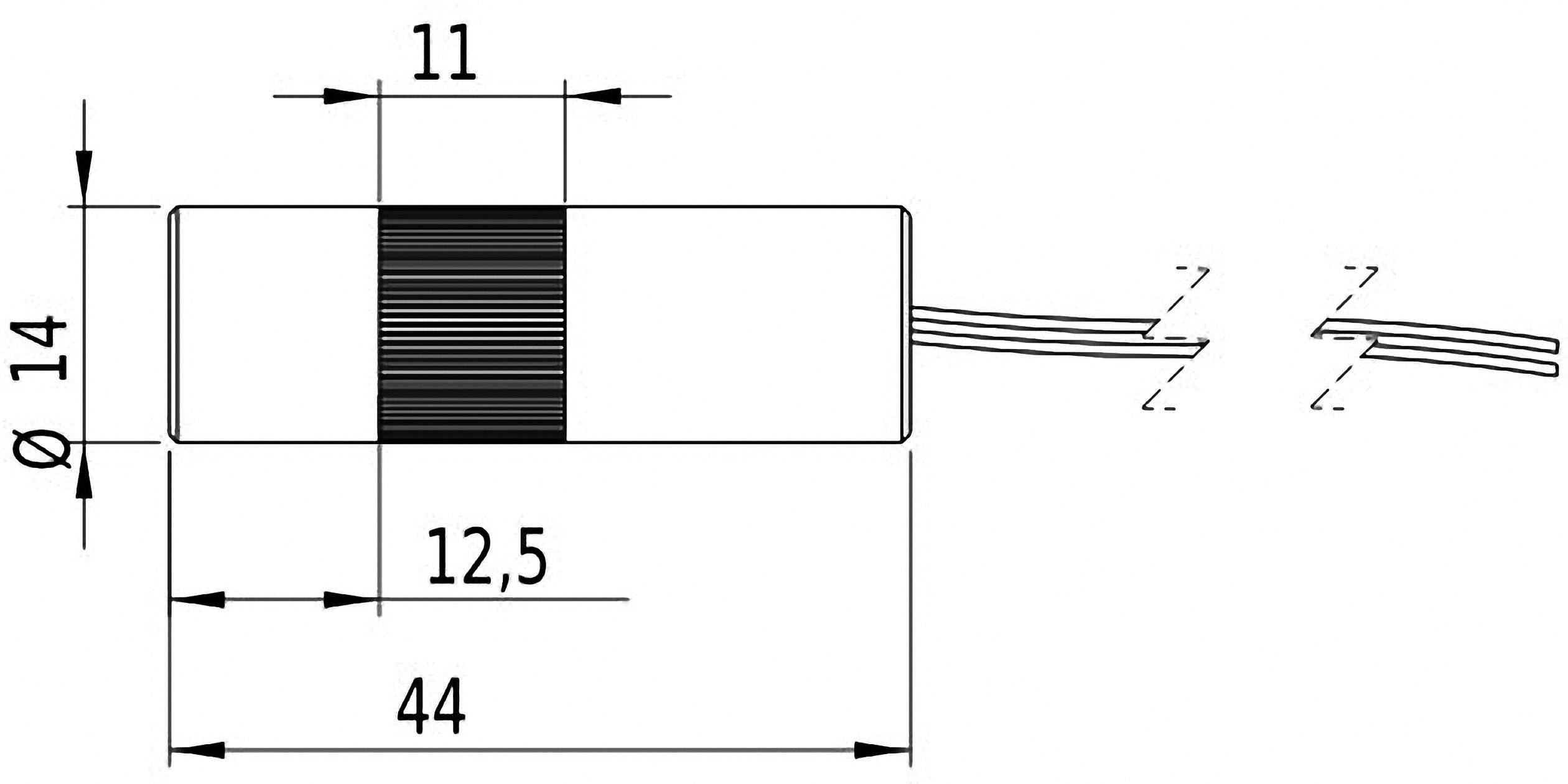 Zijaanzicht van een cilindrische sensor met kabel. Afmetingen: lengte 44 mm, diameter 14 mm, afstand midden tot kabel 12,5 mm.