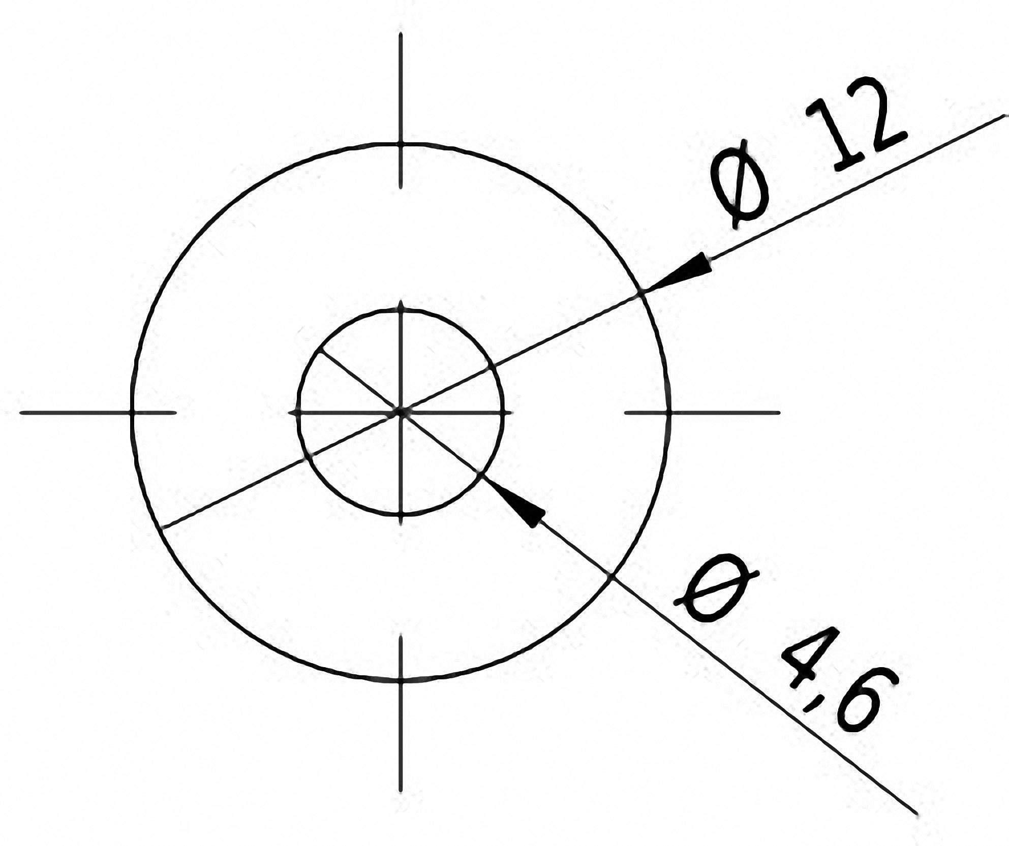 Technische tekening van een cirkel met een buitendiameter van 12 mm en een binnendiameter van 4,6 mm, beide gemarkeerd met lijnen.