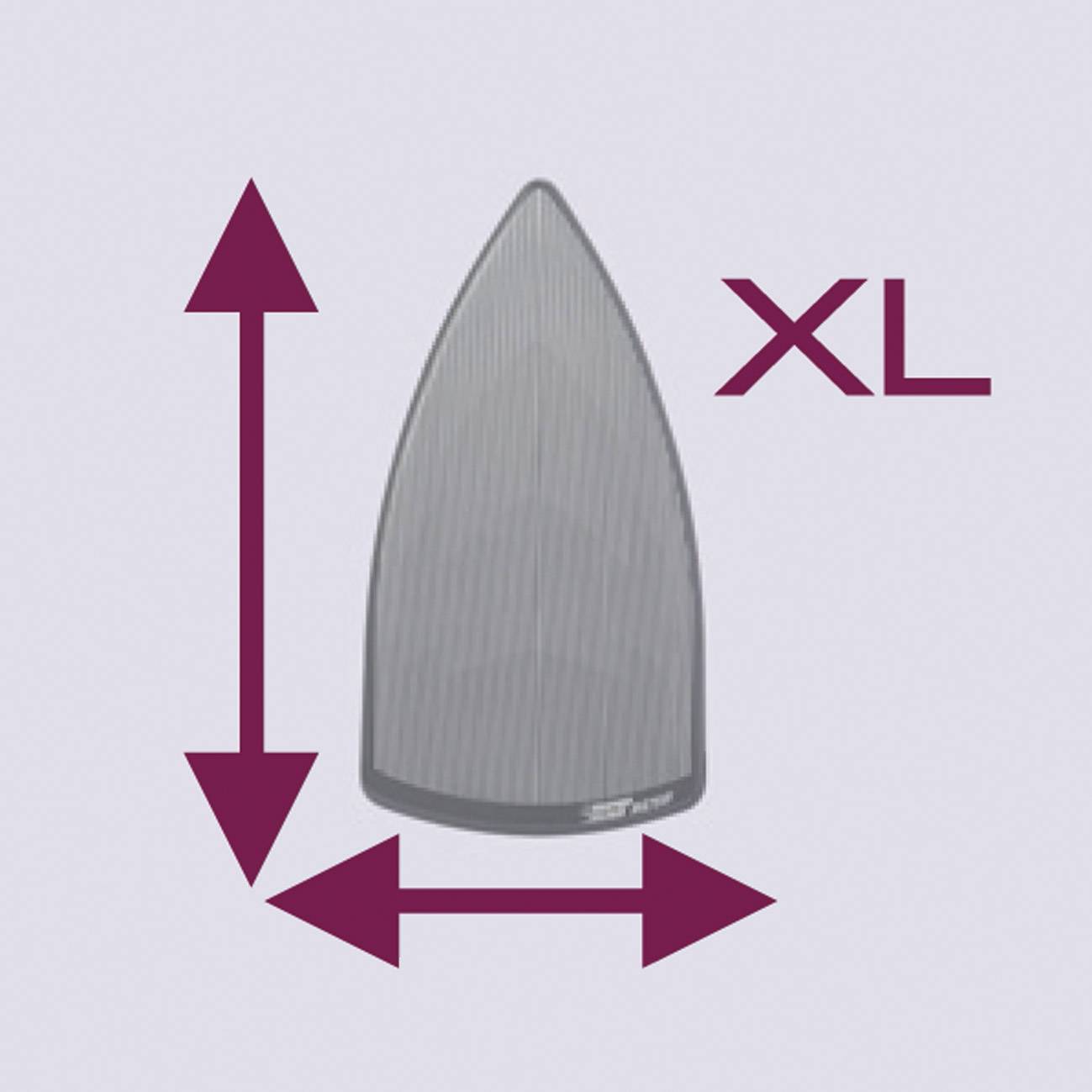 Het beeld toont een grijze, druppelvormige vin met pijlen omhoog en naar rechts, evenals de tekst 'XL', wat wijst op een extra grote maat.