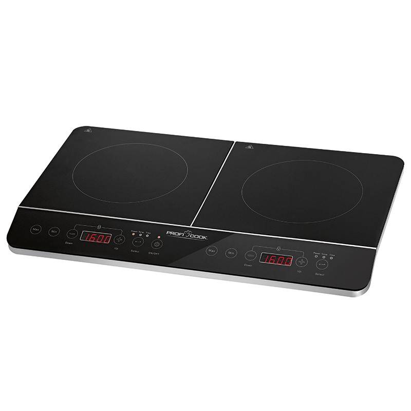 Digitale inductiekookplaat met dubbele zone; twee kookplaten, zwart design. Ideaal voor snel en energiezuinig koken.