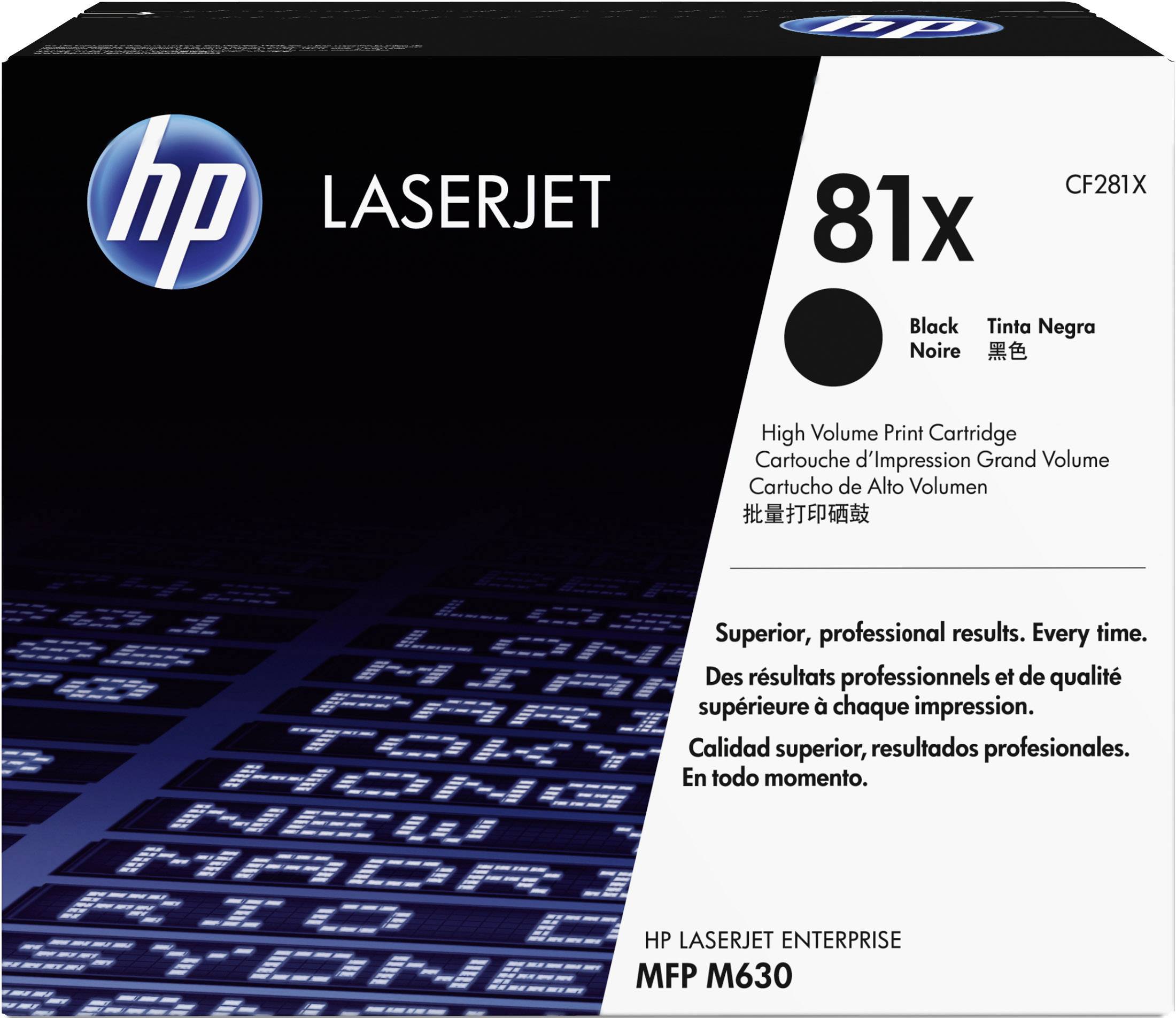 Doos met HP LaserJet 81X zwarte cartridge voor MFP M630 printer; hoge afdrukcapaciteit, professioneel afdrukresultaat.