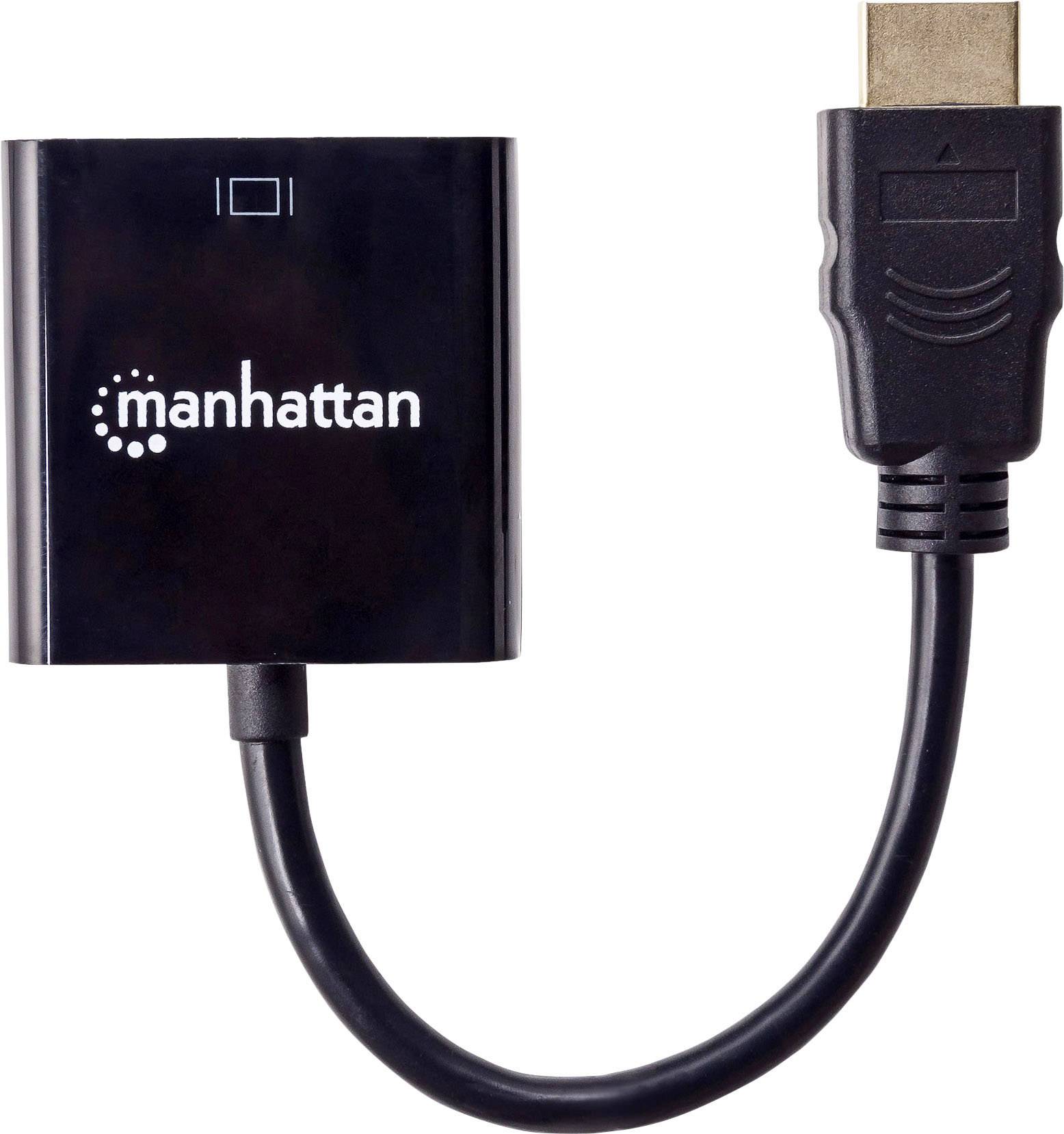 Een zwarte HDMI-naar-VGA-adapter van Manhattan met een kort kabel en de bijbehorende aansluitingen aan beide uiteinden.