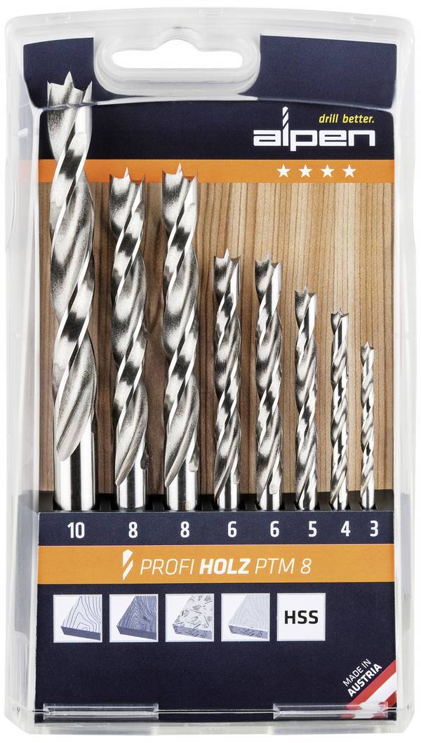 Alpen 600093100 Hout-spiraalboorset 8-delig 3 mm, 4 mm, 5 mm, 6 mm, 8 mm, 10 mm  Cilinderschacht 1 set(s)