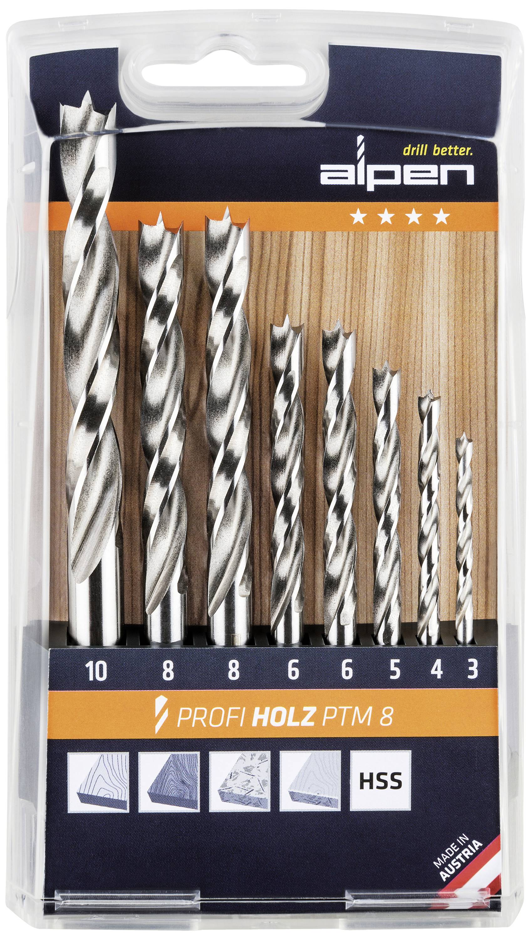 Een set van acht robuuste houtboren in verschillende maten (3-10 mm) in een transparante verpakking met het opschrift 'Profi Hout PTM 8'.