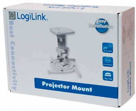 Een witte verpakking met het opschrift 'LogiLink Projector Mount', toont een afbeelding van de projectorbeugel; eenvoudige installatie beloofd.