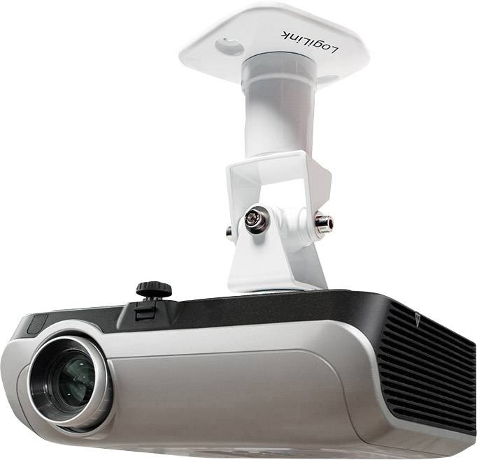 Een beamer die aan een plafondsteun is bevestigd, toont het logo 'LogiLink'. De focus ligt op de projectie-eenheid en de bevestiging.