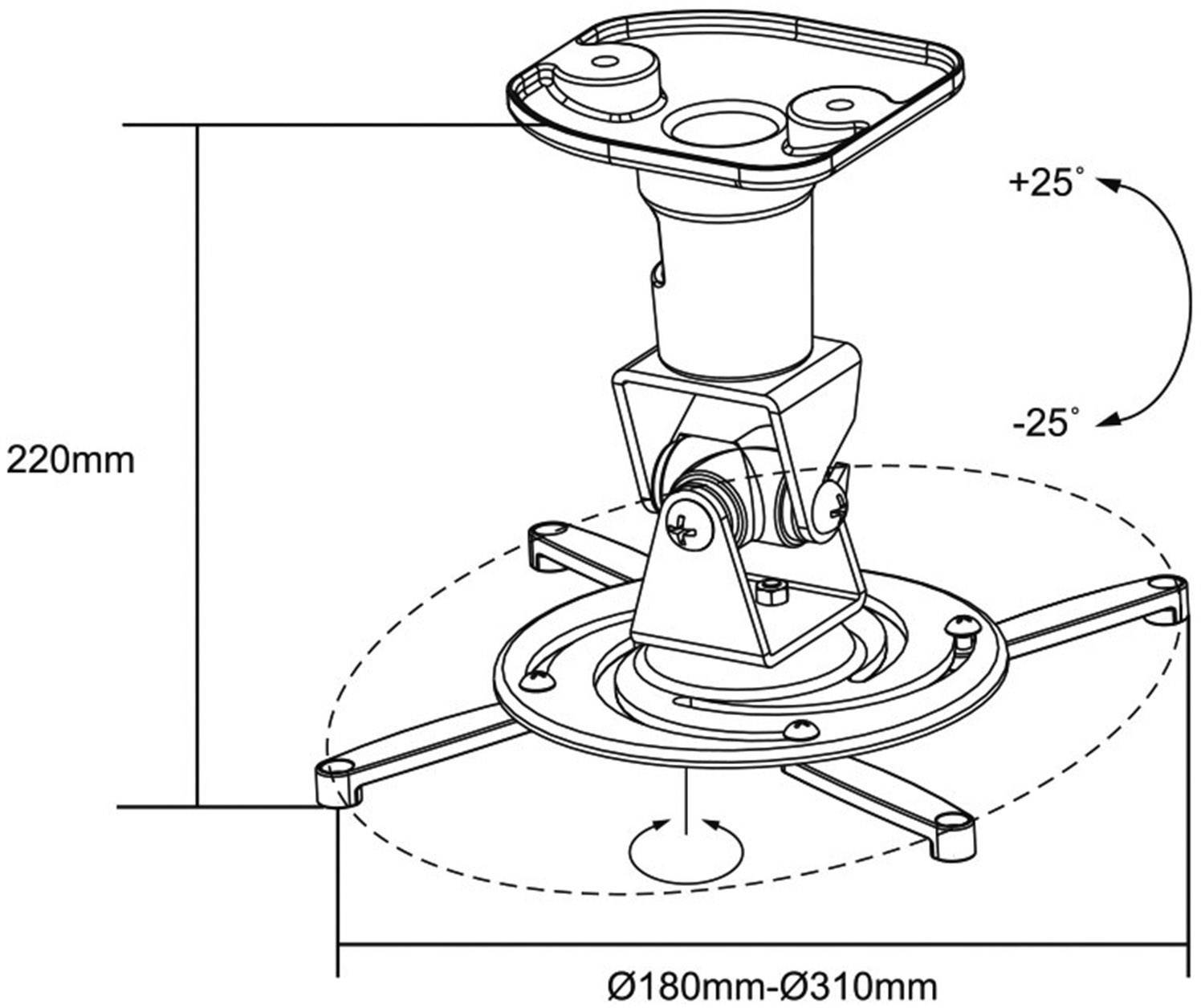 Tekening van een projectorsteun met verstelbare hellingshoek van +25° tot -25°. Hoogte 220 mm, basisdoorsnede 180-310 mm.