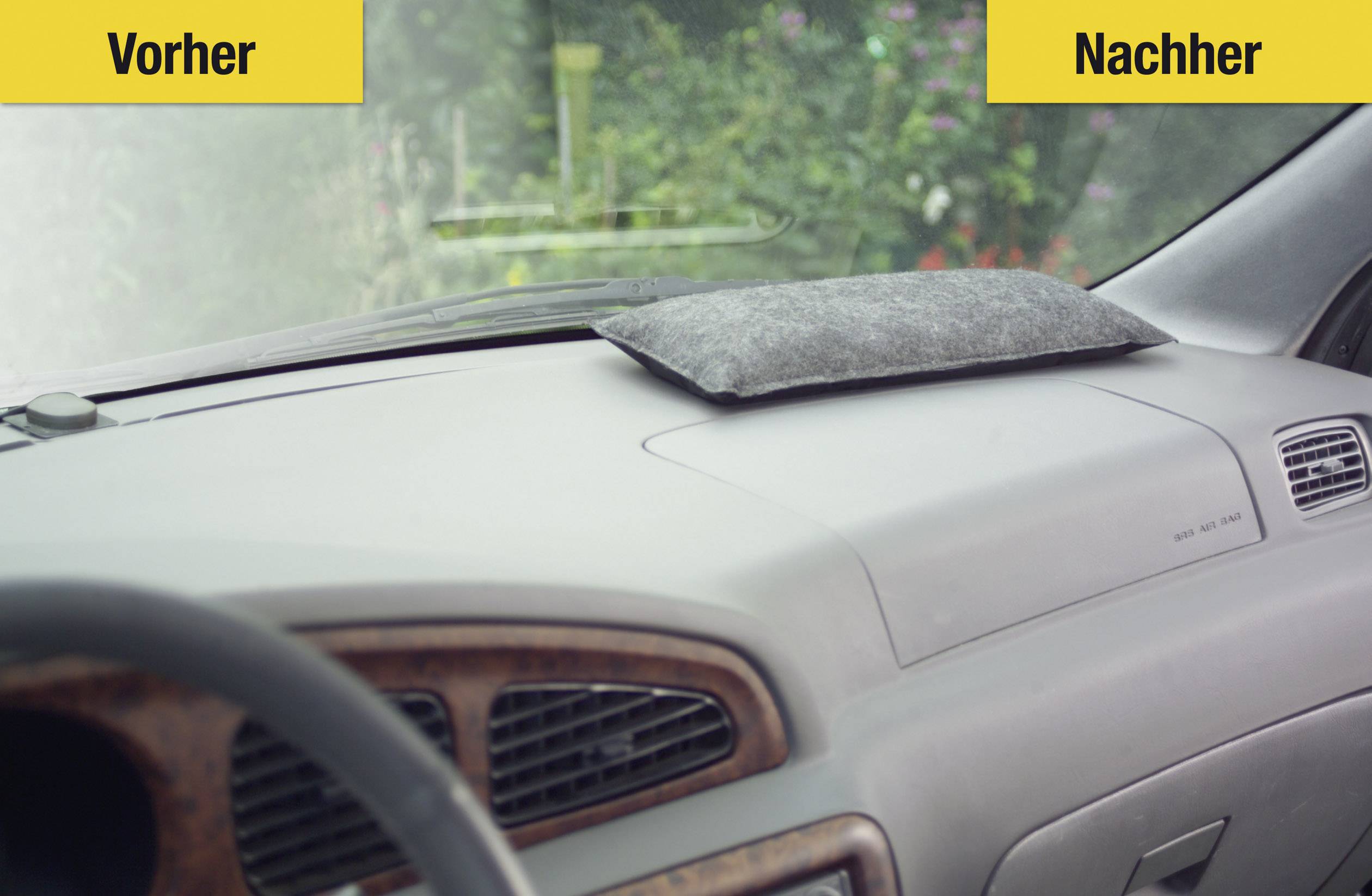 'Voor en na' foto toont het dashboard van een auto: links stoffig, rechts schoon na reiniging met een doek.