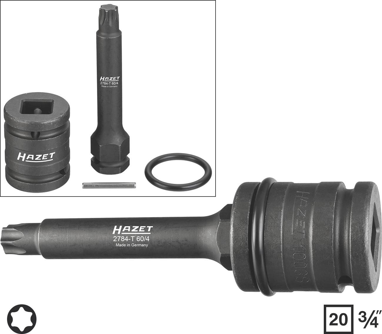Dopsleutel-set van Hazet, bestaande uit een zeskantschroevendraaier en bijkomende toebehoren.