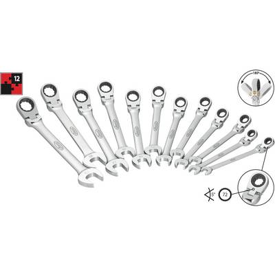 Twaalfdelige ringsleutelset met ratelvoorziening, zwenkbare koppen, verschillende maten, inclusief draaimomentsymbool.