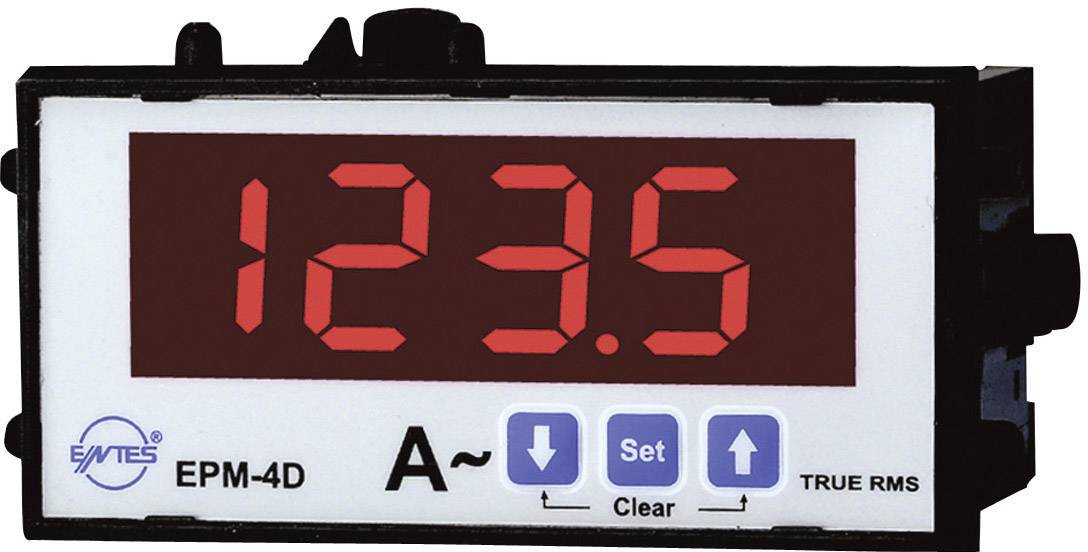 Digitale ampèremeter met een weergave van '123,5 A' op een rood display, toetsen voor 'Set', 'Clear', symbolen voor wisselstroom en een keuzeschakelaar.