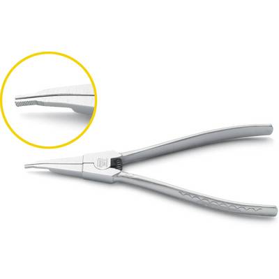 Langneuzige platte tang van metaal met gegolfd handvat en punt voor precisiewerk. Vergroting van de fijne geribbeldheid op het grijpoppervlak.