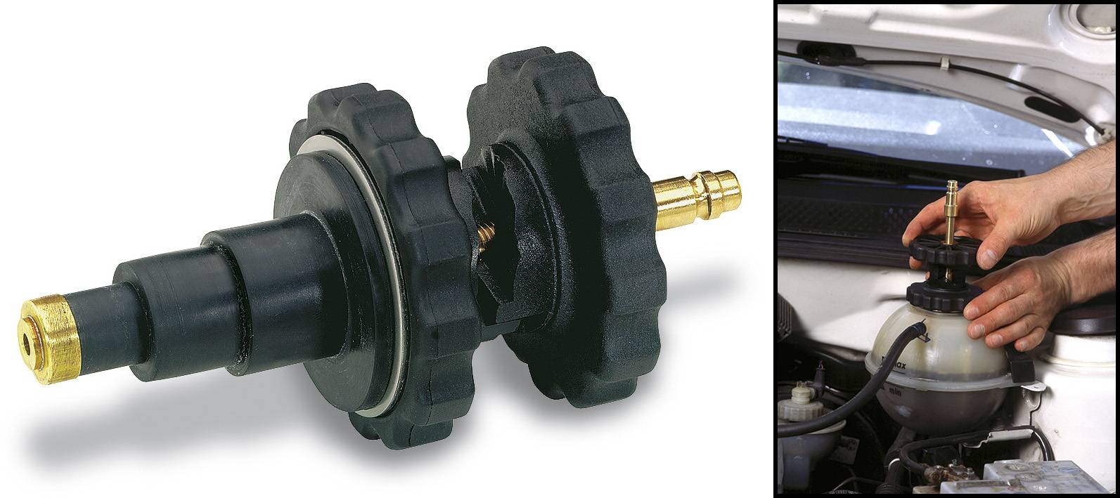 Een ventielcontroletester naast een afbeelding die laat zien hoe het apparaat wordt geplaatst op de koelvloeistofcontainer van een auto.