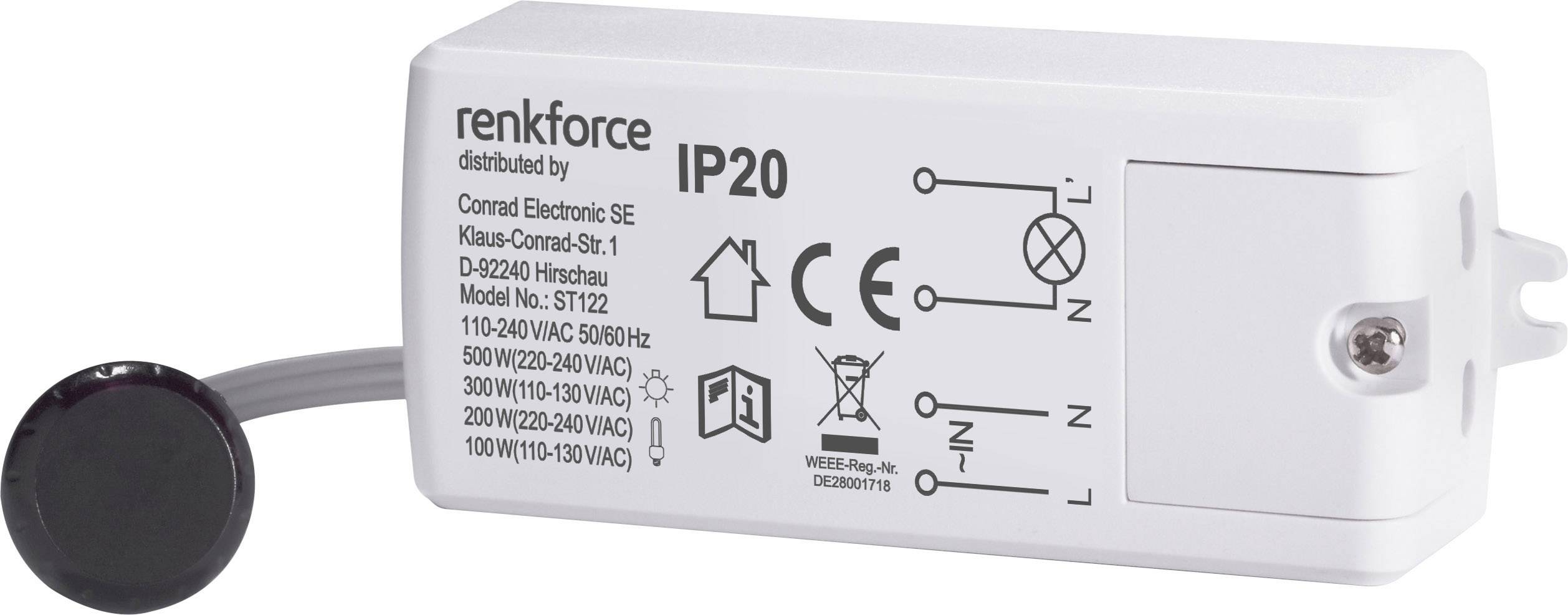 Een wit elektrisch besturingsapparaat met de aanduiding 'IP20' toont aansluitingen en technische specificaties zoals spanning en frequentie.