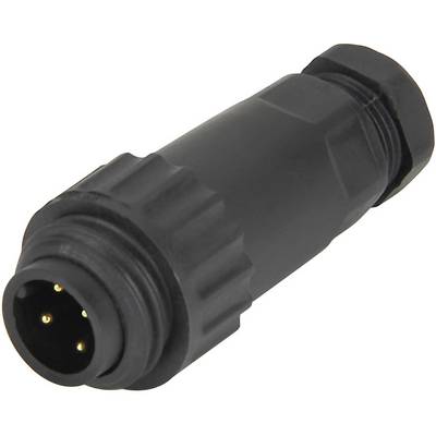 Een zwarte, cilindrische stekker met meerdere metalen pinnen, geschikt voor gebruik in elektronische toepassingen.