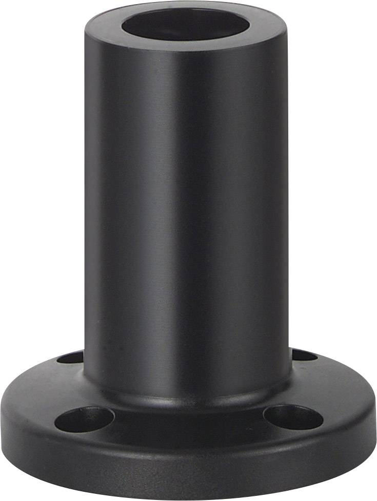 Een cilindrische metalen adapter met een platte ronde voet en vier schroefgaten. Wordt gebruikt voor vaste montage van apparaten.