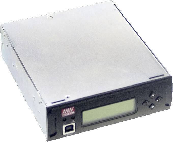 Zilveren elektronisch apparaat met display en navigatietoetsen, geschikt voor inbouw in computerbehuizing, USB-aansluiting zichtbaar.