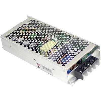 Metalen behuizing met honingraatrooster onthult interne componenten van een voedingsmodule. Elektrische aansluitingen aan de rechterkant.