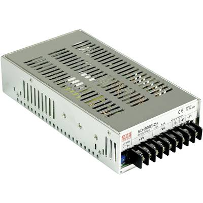 Zilver schakelvoedingsapparaat met ventilatiesleuven en aansluitingen aan de voorkant, model 'SD-200B-24' van Mean Well.
