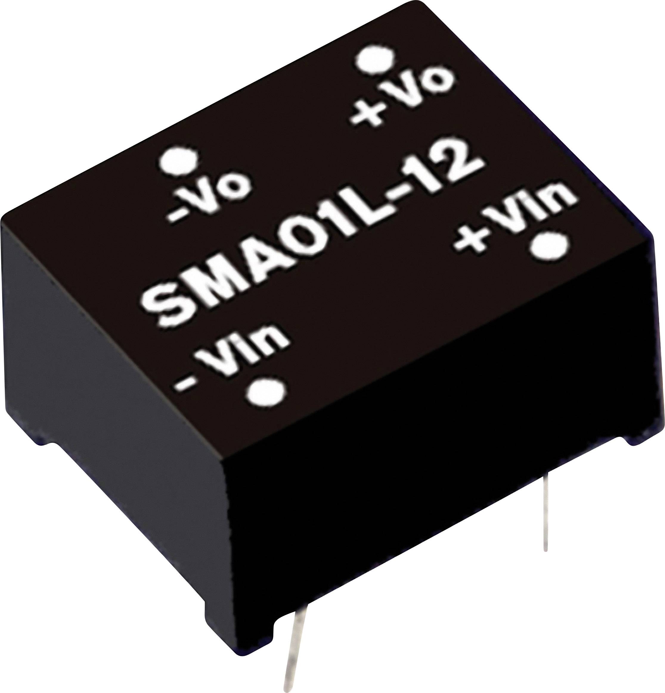 Een zwarte elektrische bouwsteen met het opschrift 'SMA01L-12', toont aansluitingen voor '+Vo', '-Vo', '+Vin', en '-Vin'.