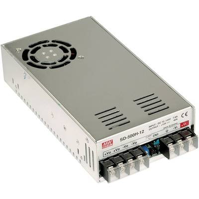 Metalen voeding met ventilator, model 'SD-500H-12', voor elektrische apparaten. Bevat aansluitpunten voor plus- en minuskabels.