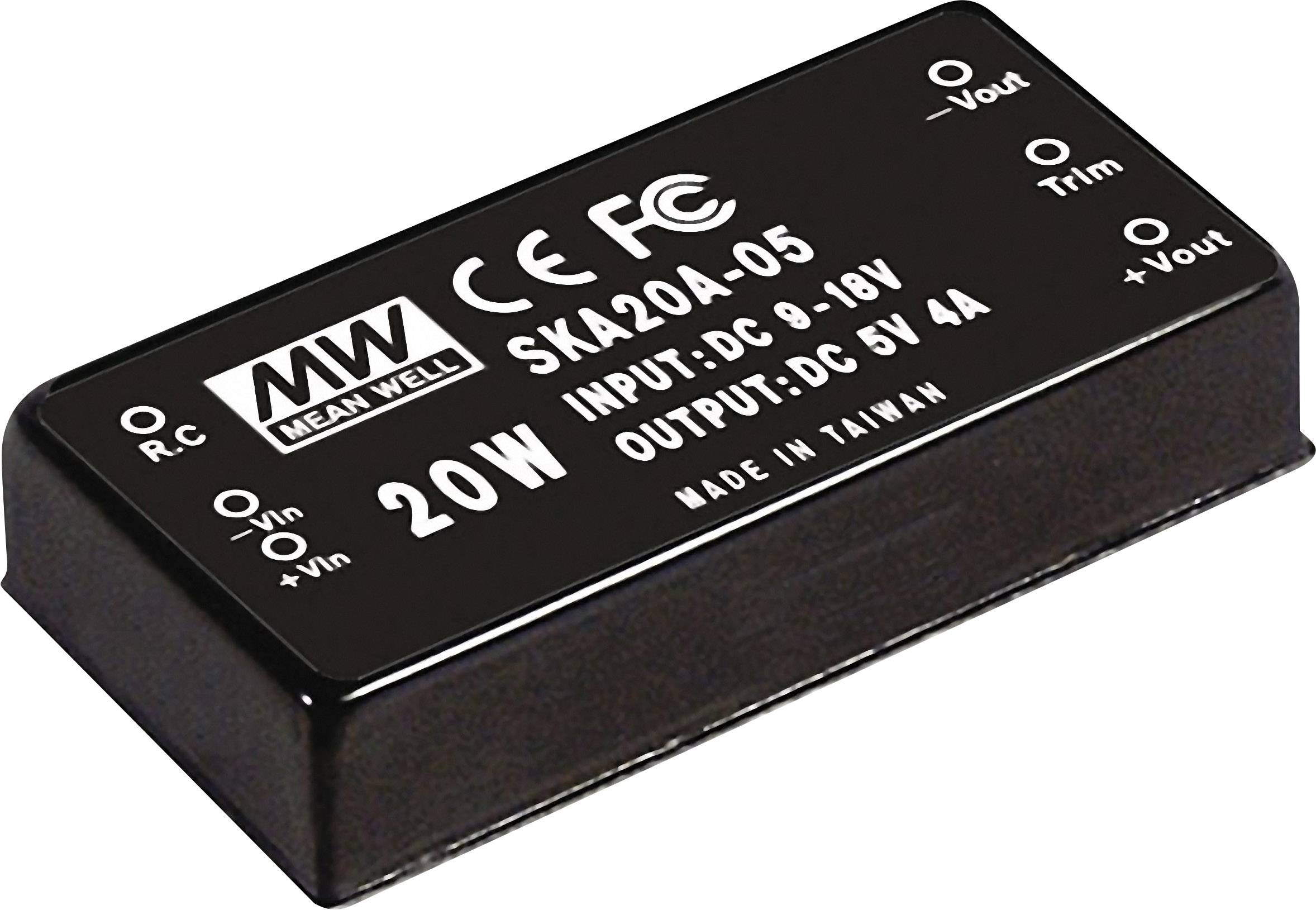 Elektronisch apparaat met opschrift: 'MW Mean Well SKA20A-05', invoer: DC 9-18V, uitvoer: DC 5V 4A, 20W, vervaardigd in Taiwan.