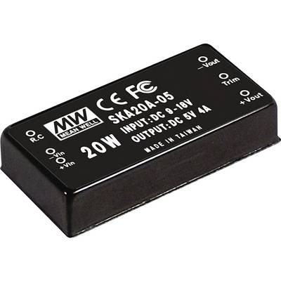 Elektronisch apparaat met opschrift: 'MW Mean Well SKA20A-05', invoer: DC 9-18V, uitvoer: DC 5V 4A, 20W, vervaardigd in Taiwan.
