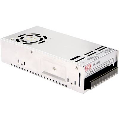 Een zilverkleurige voeding van het merk Mean Well, model QP-150B, met een ventilator aan de bovenkant en aansluitingen aan de voorkant.