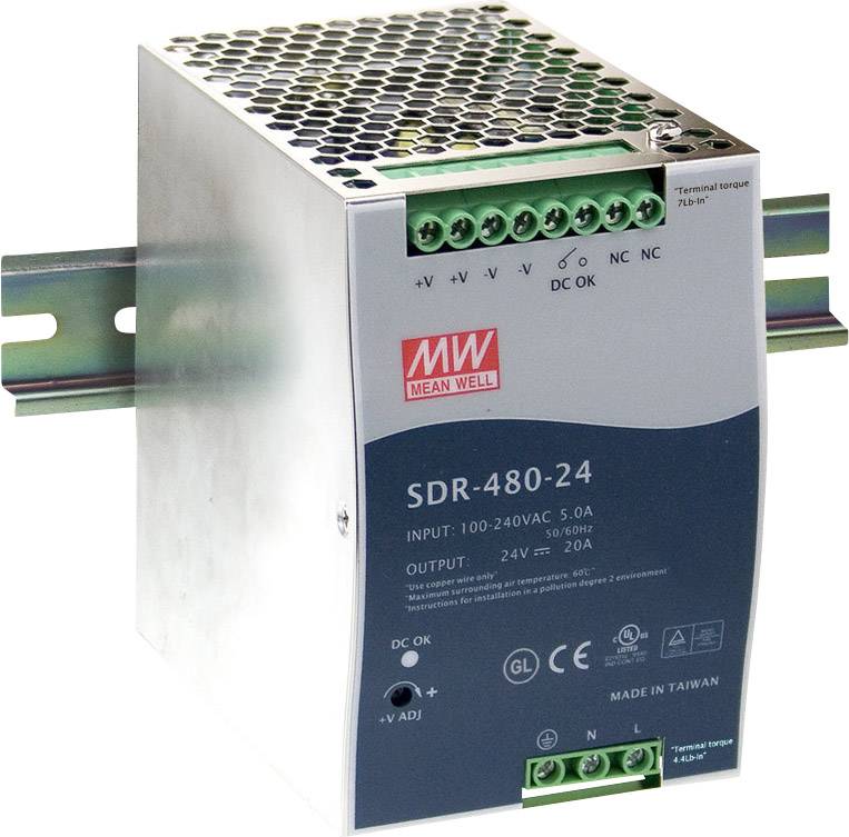 Een voedingsadapter met de aanduiding 'SDR-480-24' van Mean Well, gemonteerd op een DIN-rail. Het levert 24V bij 20A.