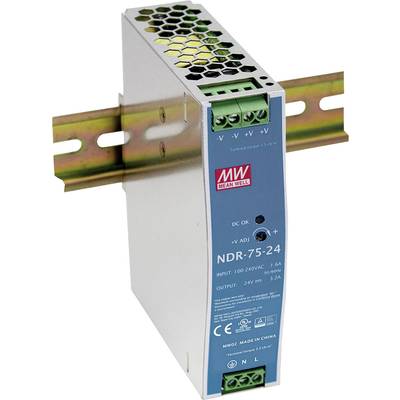 Voedingsmodule met blauwe voorkant, model 'NDR-75-24', merklogo bovenaan. Geschikt voor DIN-rail, ingang 100-240V AC, uitgang 24V 3.2A.