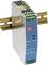 Voedingsmodule met blauwe voorkant, model 'NDR-75-24', merklogo bovenaan. Geschikt voor DIN-rail, ingang 100-240V AC, uitgang 24V 3.2A.
